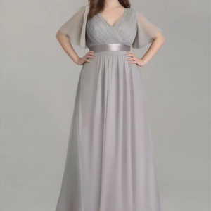 فستان سهرة أنيق بقصة A-Line وفتحة رقبة مزدوجة على شكل V وتصميم كاجوال مزين بكشكشة، فستان حفلات طويل بمقاسات كبيرة وأكمام قصيرة وخصر طبيعي مناسب للزفاف - Product Image 1