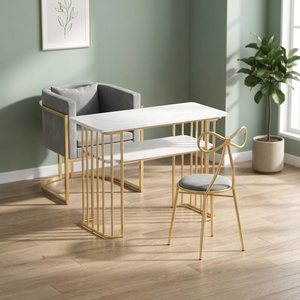Ensemble de salon de manucure : Tables longues en métal, meuble de maquillage en marbre, ensemble de mobilier de manucure, table à ongles avec chaise - Product Image 1