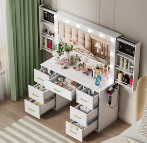 โต๊ะเครื่องแป้งสีขาวพร้อมกระจกมีไฟ สามโหมดสี ปรับความสว่างได้ พร้อมแท่นชาร์จ ลิ้นชักสี่ช่องแบบเลื่อนได้ - Product Image 5