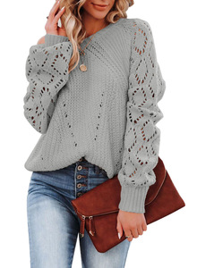 Suéter de Punto de Manga Larga con Cuello Redondo para Mujer, Tallas Grandes, Diseño de Encaje Calado, Color Sólido, Estilo Casual para Otoño e Invierno, Dropshipping Shopify - Product Image 6