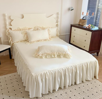 Parure de lit chic française 4 pièces - Coton lavé avec bordure en dentelle romantique, housse de couette avec jupe de lit et taies d'oreiller