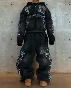 Custom Lavado Suor Suit Zipper Hoodies Tricô Set Impressão Personalizada Acid Wash Distress Flared Sweatpants e Hoodie Set - Product Image 5