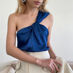 Produk terlaris ANSZKTN Tank Top wanita seksi Satin kamisol Satu lengan biru Klein elegan musim panas - Product Image 1