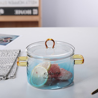Marmite à soupe et saladier en verre borosilicate bleu dégradé à deux poignées, compatible cuisinière électrique, pour mijoter