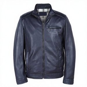 Veste en cuir pour <span class=keywords><strong>homme</strong></span> - <span class=keywords><strong>Bleu</strong></span> marine, col montant classique, style motard, coupe ajustée, streetwear décontracté - Logo personnalisé - Product Image 4