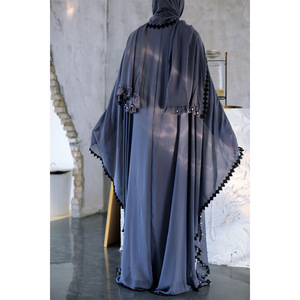 Abaya de luxe en mousseline transparente à manches chauve-souris, ornée de perles et de dentelle noire, robe longue musulmane pour l'Aïd - Product Image 3