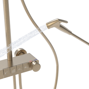 Ensemble de douche piano pour hôtel, <span class=keywords><strong>corps</strong></span> principal en laiton à poignée unique, finition or brossé, pomme de douche à jet de massage avec fonction pause incluse - Product Image 5