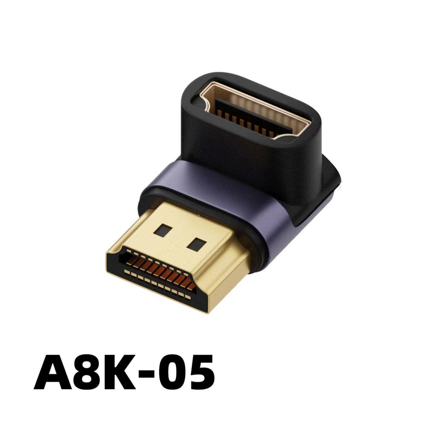 HDMI macho a hembra, conector acodado superior, color púrpura.