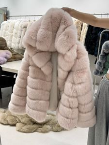 Giacca in Vera Pelliccia di <span class=keywords><strong>Volpe</strong></span> per Donna, Design con Cappuccio, Pannelli Orizzontali Beige, Abbigliamento Invernale Comodo - Product Image 6