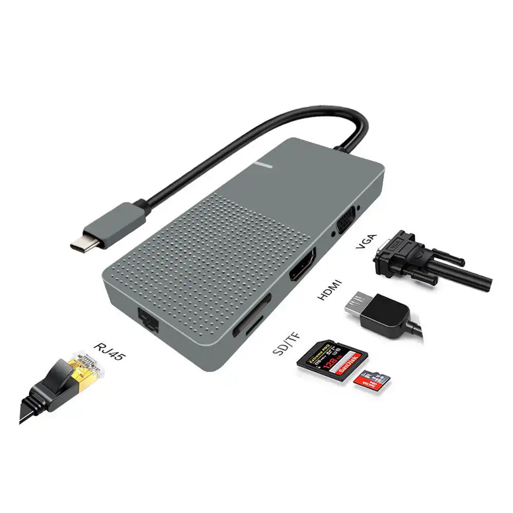 Hub kartu tipe USB 4K HDTV SD/TF, pembaca kartu usb 3.0 Hub, stasiun Dok konverter vga 9 in 1 adaptor tipe c 3.0 USB hub pengisian