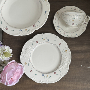 New Retro <strong>Flower</strong> Broken Ceramic Fruit Salad Dinnerware Tableware <strong>Set</strong> French Vintage Lace Relief Design Ceramic Plate - Product Image 5