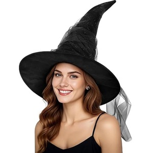 Sombrero de bruja de Halloween, accesorio de disfraz de fiesta puntiagudo plisado negro, talla única - Product Image 1