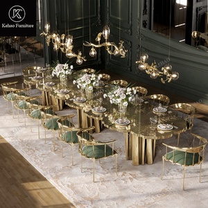 Modern Luxury Italian Stainless Steel Gold <strong>Dining</strong> <strong>Table</strong> and Velvet Chairs Set <strong>High</strong> <strong>End</strong> 10 12 Seater Villa <strong>Dining</strong> Room Furniture - Product Image 1