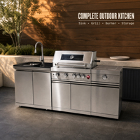 Ensemble barbecue et cuisine extérieure en acier inoxydable avec brûleur latéral et évier, îlot barbecue modulaire pour patio et jardin