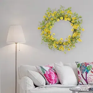 Yellow Daisy Wreath 22 Inch Spring Summer Silk Floral With Green Eucalyptus Leaves For Front Door Window Wall Farmhouse Dec