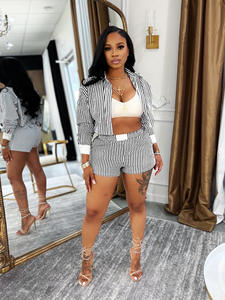 Set baju wanita lengan panjang, setelan baju dan celana pendek lengan panjang motif garis-garis, pakaian wanita 2025 - Product Image 6