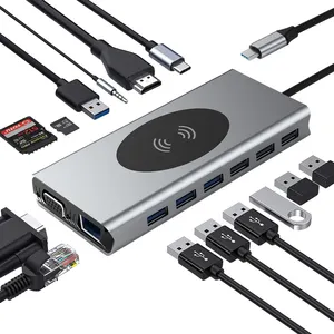 HUNDA tipi-C dok istasyonu ile VGA RJ45 ses USB C hub 10 W kablosuz şarj 1 içinde 15 hub