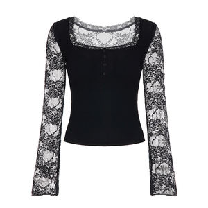 Blusa de Manga Larga para Mujer, Cuello Cuadrado, Adorno de Encaje, Transpirable, Corte Ajustado, Tejido de Punto, Estampado Digital, Color Sólido - Product Image 6
