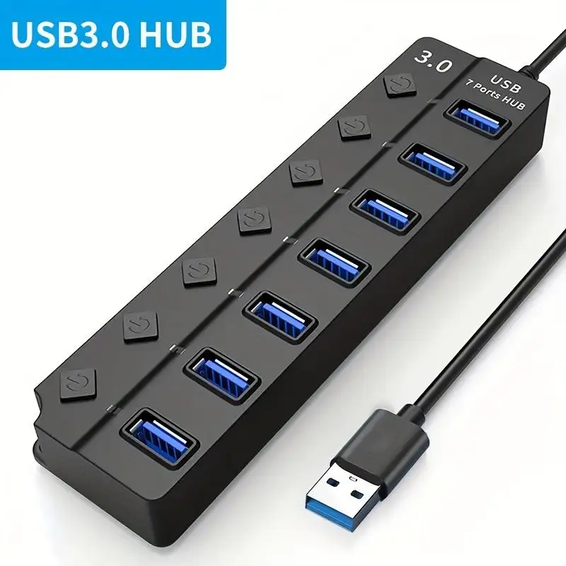 Divisor de hub USB 3.0/2.0 com indicador de energia LED e interruptor de 4/7 portas (cabo de 30 cm)