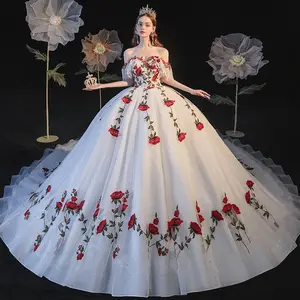 Elegant White Ball Gown Wedding Bridal Dress Red Rose Embroidery Bride Wedding Dresses 2023