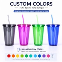 Vente en gros de 12oz 16oz 22oz 24oz Tasse à café en plastique pour le thé sans BPA à double paroi en acrylique transparent avec paille et couvercles