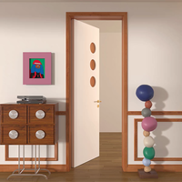 Porte en bois moderne à charnières avec insert en verre circulaire aux couleurs contrastées