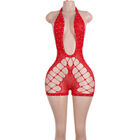 Body exotique en dentelle dos nu pour femme, short en spandex orné de cristaux, tenue de danse exotique sexy pour danseuses, vêtements de performance pour stripteaseuses
