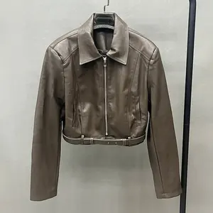 Custom Turn Down Collar Solid Color Crop Vegan Leather Jacket Women with Zipper