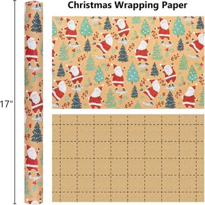 Diseño de patrón de árbol de Navidad con Papá Noel de dibujos animados. Línea de corte trasera personalizable para papel de regalo de Navidad. - Product Image 6