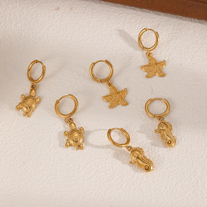 Pendientes de Aro de Acero Inoxidable Estilo Océano con Diseño de Tortuga, Estrella de Mar y Caballito de Mar, Joyería de Moda para Mujer - Product Image 1
