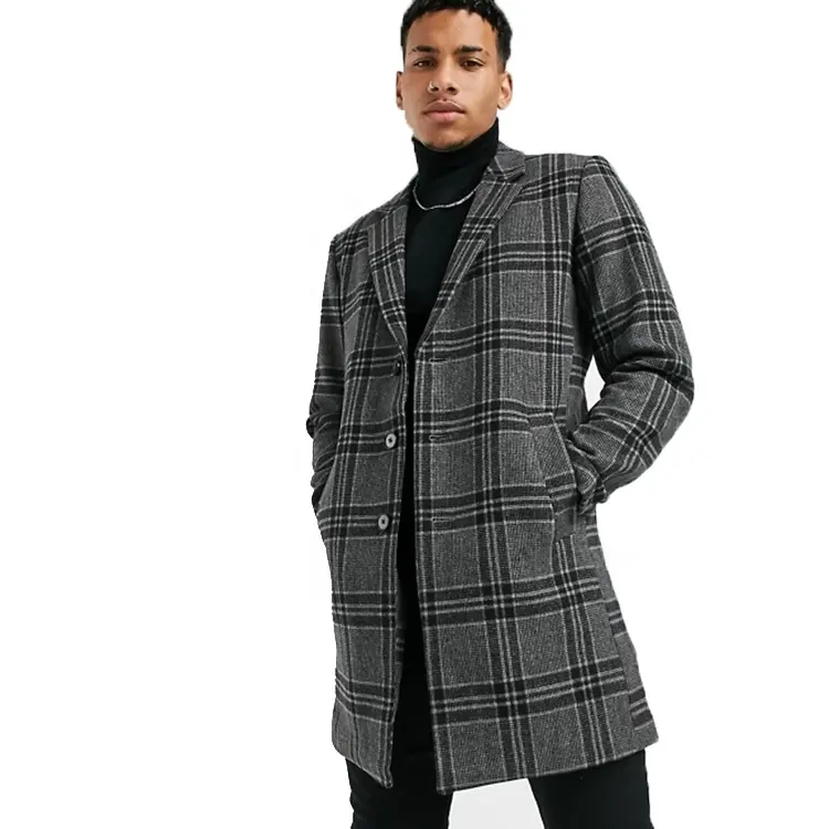 Erkek OEM moda tasarım uzun yün coatcheck palto yüksek kalite ekose trençkot