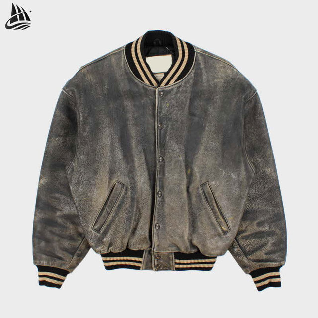 Vintage Distressed PU Leather Varsity Jacket with Tea Core Fade Striped Ribbing Mens Retro Bomber Style Outerwear