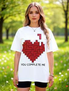 T-Shirt per Coppie di San Valentino con Stampa Cuore Geometrico, Collo Tondo, Manica Regolare, Vestibilità Casual, 100% Cotone, per Primavera ed Estate - Product Image 2