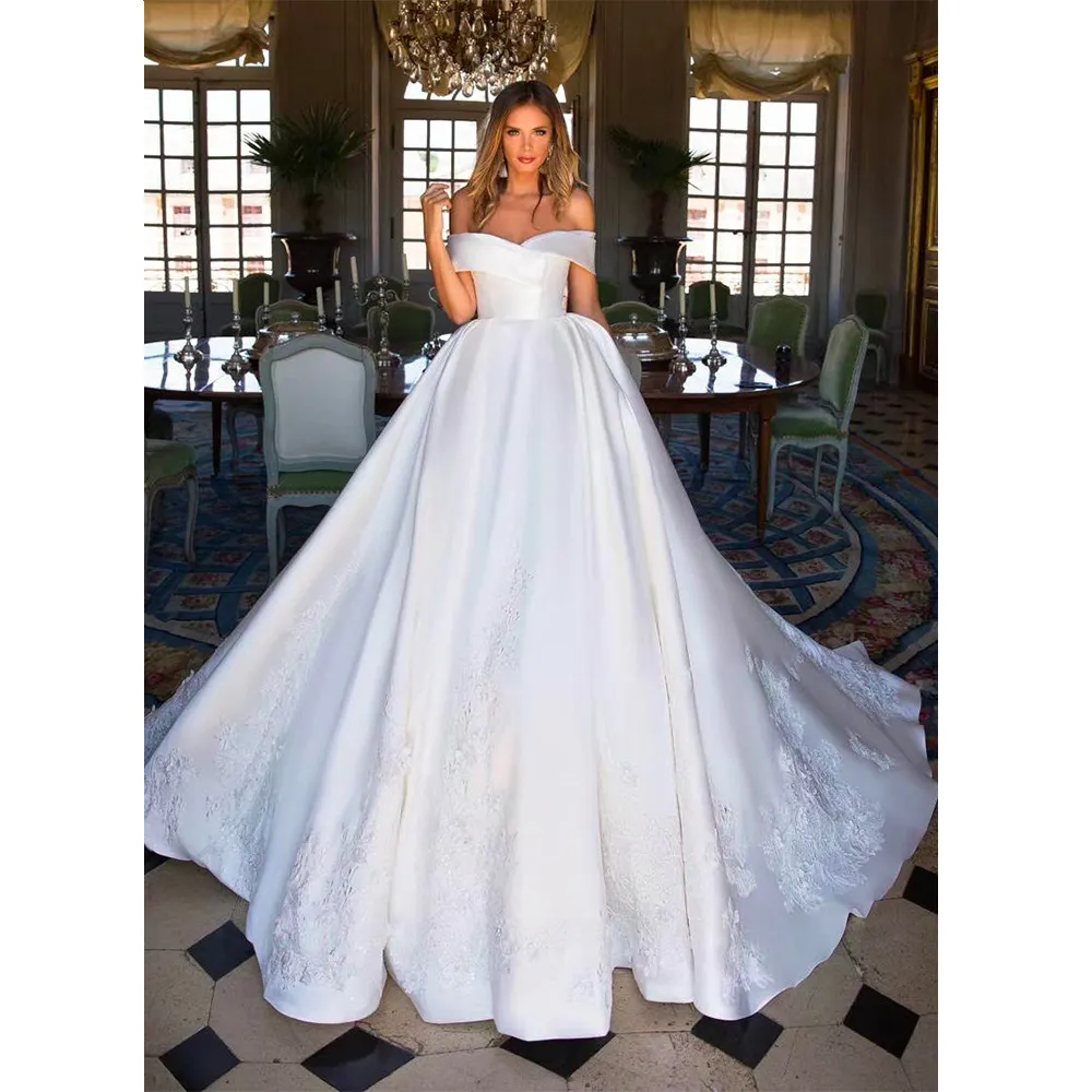 Hot sale Off shoulder cap sleeve Satin wedding dress bride gown with lace applique