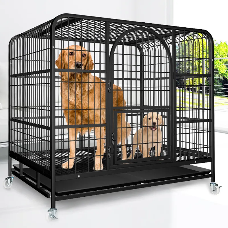 Commercio all'ingrosso Outdoor Heavy Canile Ad Alta Resistenza In Acciaio Inox Nero di Grandi Dimensioni Gabbia Del Cane Con Ruote