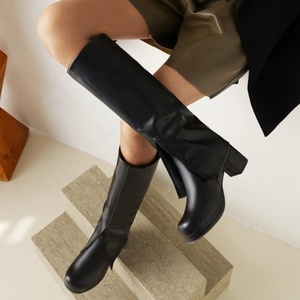 Retro Style <b>Round</b> <b>Toe</b> Thick <b>Heel</b> Winter Boots Women Slip-on Slit Trouser Leg Knee High Boots Comfortable Big Size 48 - Product Image 4