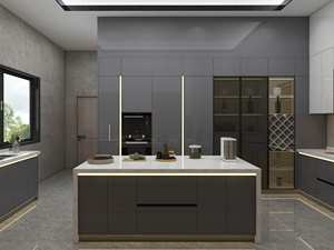 Armoires de cuisine blanches et grises avec panneau mélaminé et granit, design en forme de L, finition brillante - Product Image 2