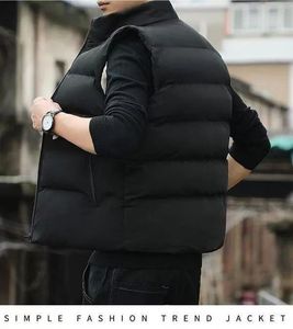 Men's <b>Navy</b> Blue Stand Collar Puffer Vest Zipper Closure Windproof Casual Winter Outer Wear With Pockets - Product Image 3