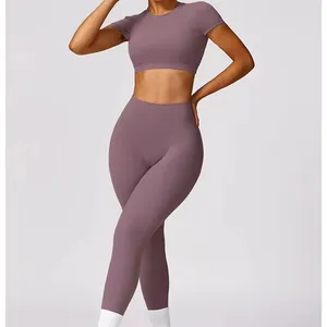 Legging wanita pakaian seksi atletik Set Yoga lengan pendek pakaian olahraga Set pabrik grosir Shein jual Activewear Yoga Set RCJ-56C