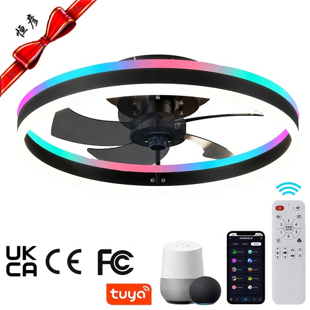Smart 6-Speeds LED RGB Flush Mount Modern Ceiling Fan RGB Remote 2700K-6000K Dimmable 7 Blades Black Aluminum DC Motor Bedroom