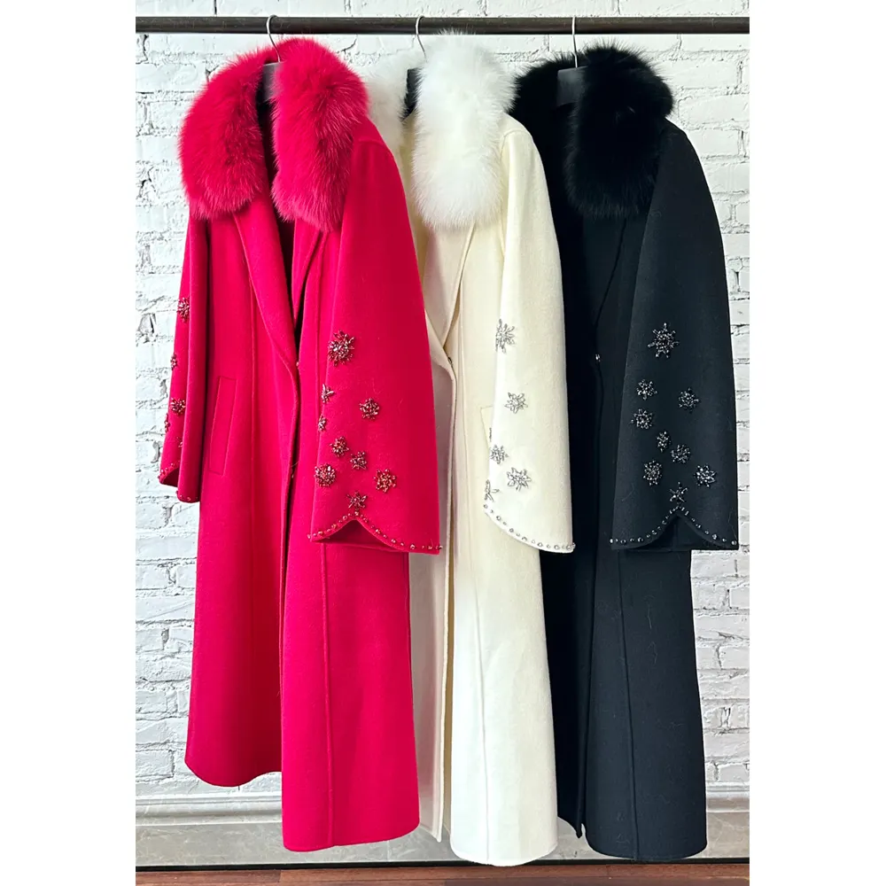 Nouveau design manteau chaud personnalisé manteau d'hiver en laine à col en renard pour femmes long manteau en laine et cachemire