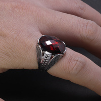 Bagues en Argent Sterling 925 Pur avec Zircon Rouge Facetté, Bagues de Mariage Vintage pour Homme, Bijoux Turcs