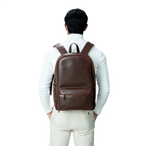 Unisex Genuine Leather Tactical Sports <b>Backpack</b> Solid Brown Zipper Closure Front Pocket Adjustable <b>Strap</b> Durable Polyester - Product Image 5