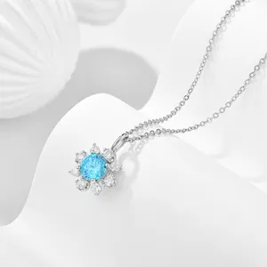 Top End Rhodium Plated Flower Shape CZ Pendant Necklace 925 Silver Aquamarine Blue Cubic Zirconia Flower Necklace