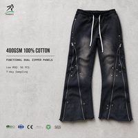 Celana Lebar RAMAX 400GSM Hitam Dicuci dengan Panel Ritsleting Ganda, Streetwear Utilitas untuk Pakaian Grosir Kustom
