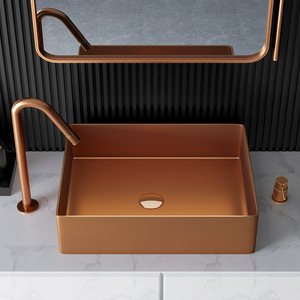 Lavabo <span class=keywords><strong>sur</strong></span> pied rectangulaire moderne en acier inoxydable or rose, lavabo artistique pour salle de bain, lavabo de <span class=keywords><strong>toilette</strong></span> d'hôtel, finition dorée de luxe léger - Product Image 1