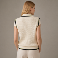 Pull-over tricoté pour femme OEM ODM, col en V, bordure rayée contrastante, manches courtes, texture côtelée, style preppy, automne