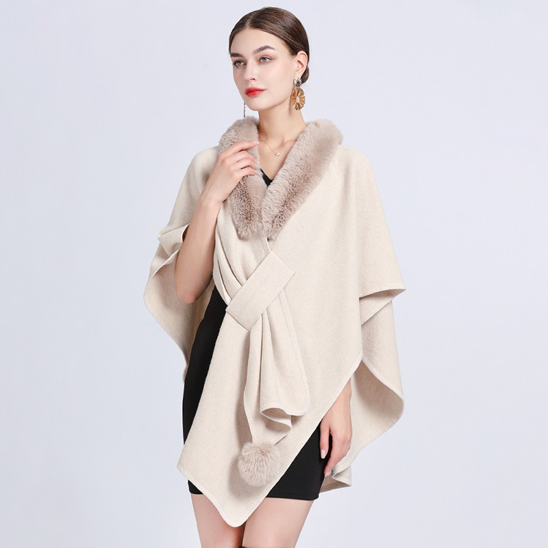 Lady Cashmere Feel Wrap Autumn Winter Solid Color Cloak Classic Luxury Warm Overcoat Women's Rex Rabbit Faux Fur Shawl