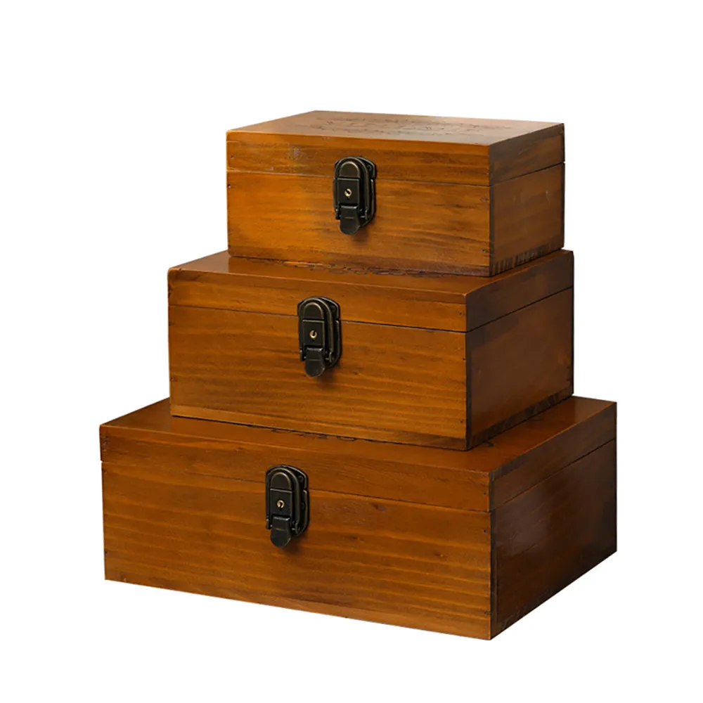 Coffre au trésor en bois décoratif personnalisé Boîtes de rangement de cadeaux en bois de pin non fini avec couvercle rabattable en métal