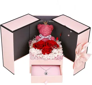 Birthday Gifts for Women Moss Bear with Three Red Roses Forever Flowers Gift Box Birthday Gifts for Mom Wife Girlfriend